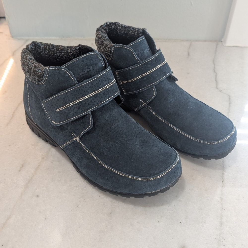 Propet Delaney Blue Suede Strap Ankle Boots with Knit Cuff Women's Size 7